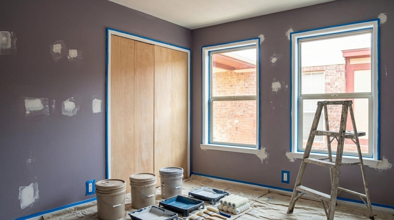 Chambre en préparation avec échelle, baldes et ruban bleu sur les placards