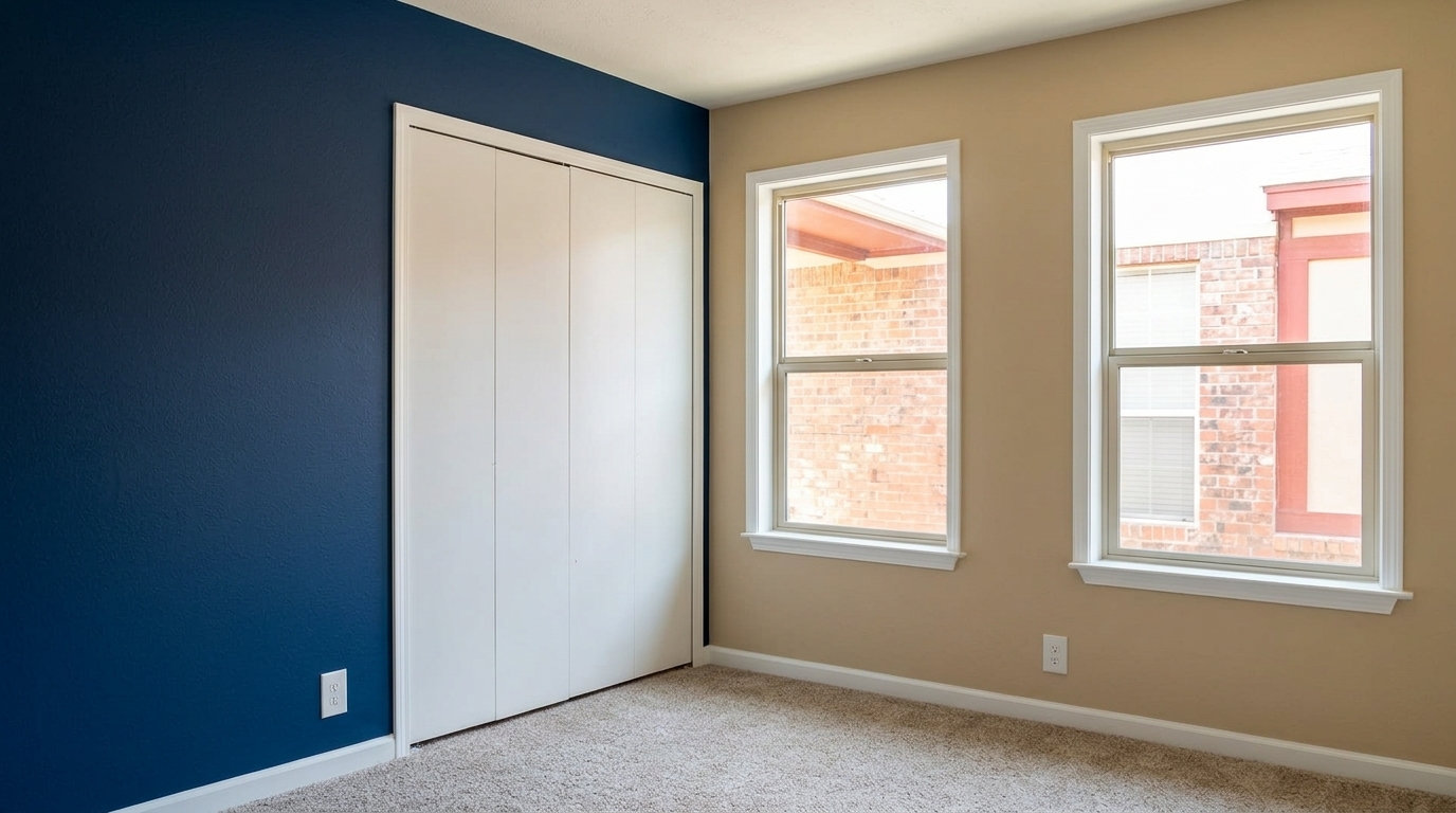 Chambre régionale repeinte avec mur d'accent navy et placards blancs