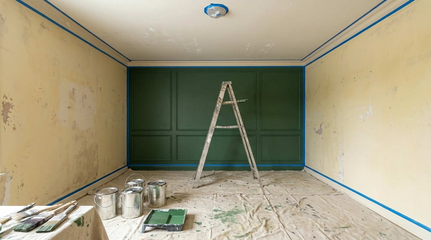 Chambre avec plancher en chevrons en préparation pour peinture verte