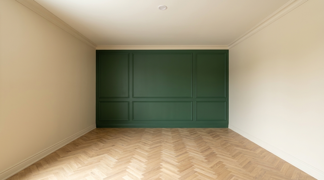 Chambre principale avec mur vert forêt et plancher en chevrons