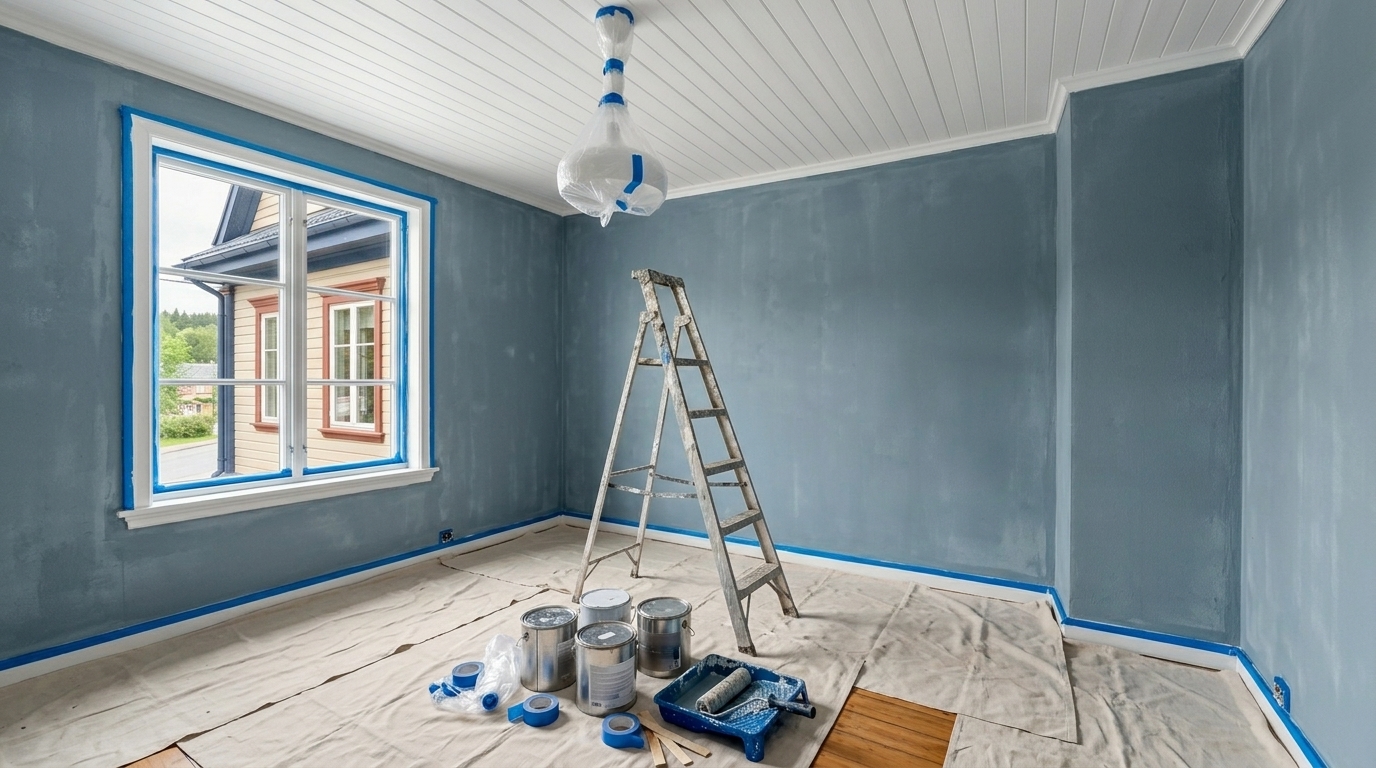 Chambre en préparation avec luminaire protégé et matériel de peinture