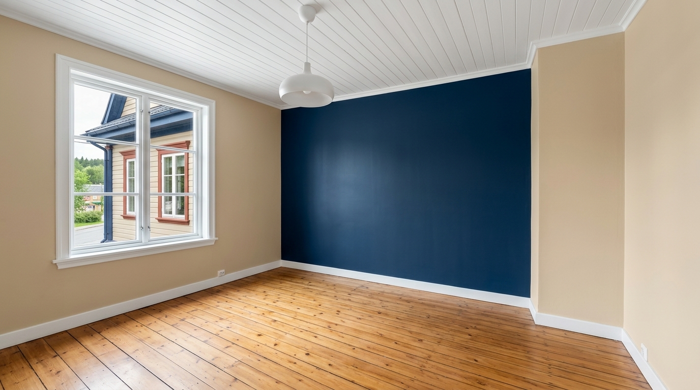 Chambre spacieuse avec mur d'accent bleu profond et grande fenêtre