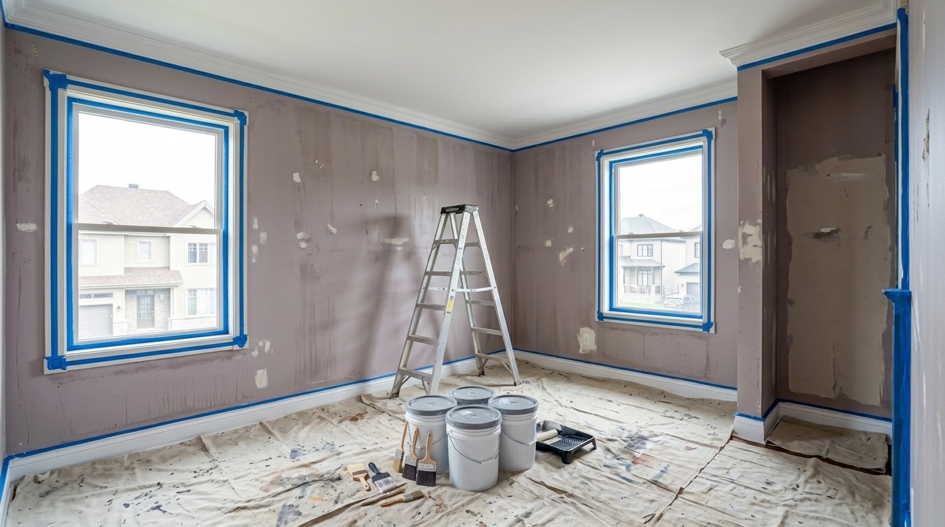 Chambre en préparation avec ruban bleu sur les moulures couronne