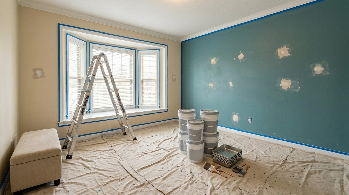 Chambre avec fenêtre en baie en préparation pour peinture