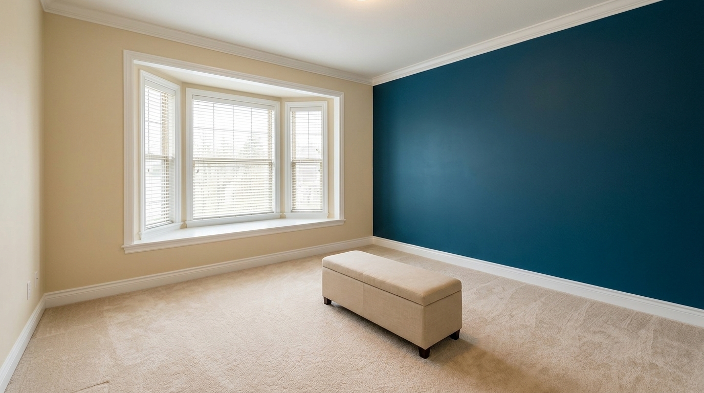 Chambre avec accent navy-teal et grande fenêtre en baie avec banquette
