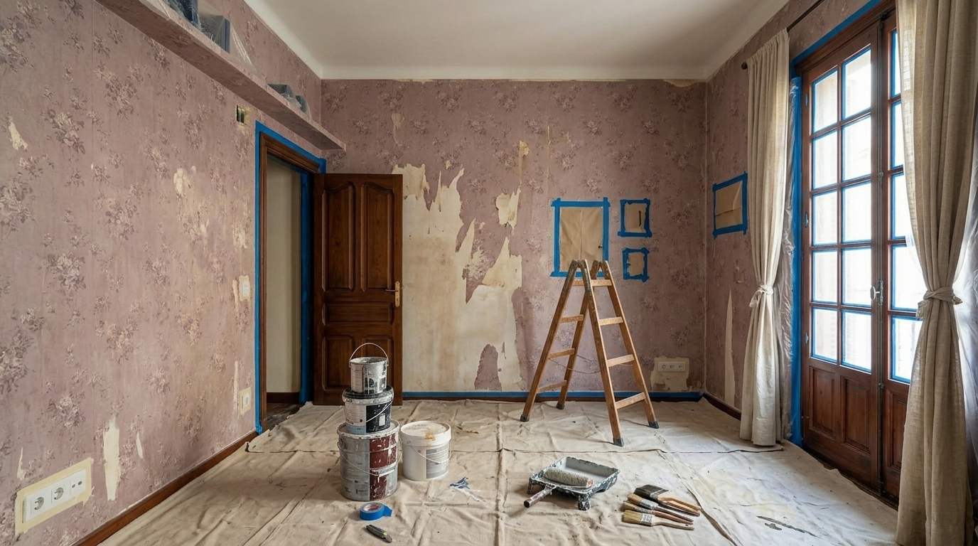 Chambre patrimoniale avec papier peint en cours de retrait