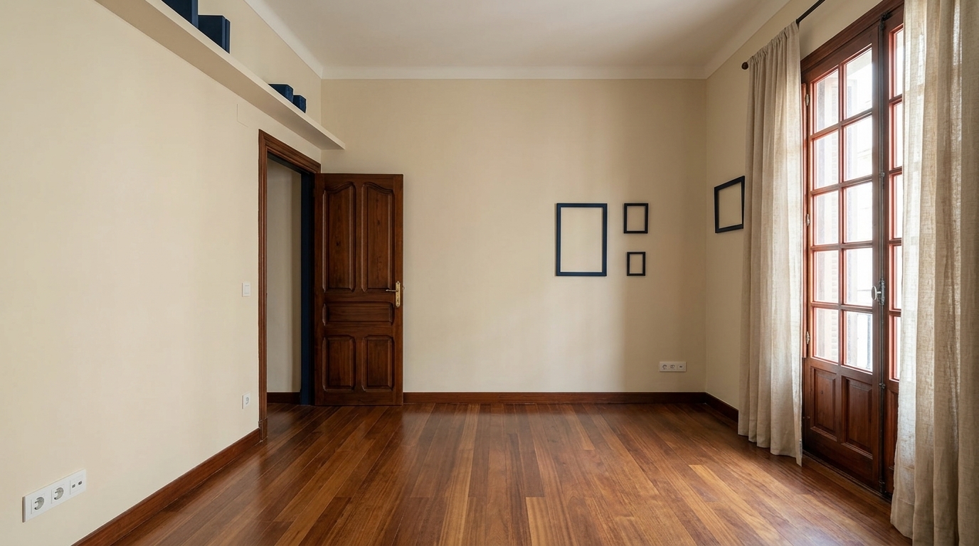 Chambre patrimoniale avec porte ancienne et fenêtre haute